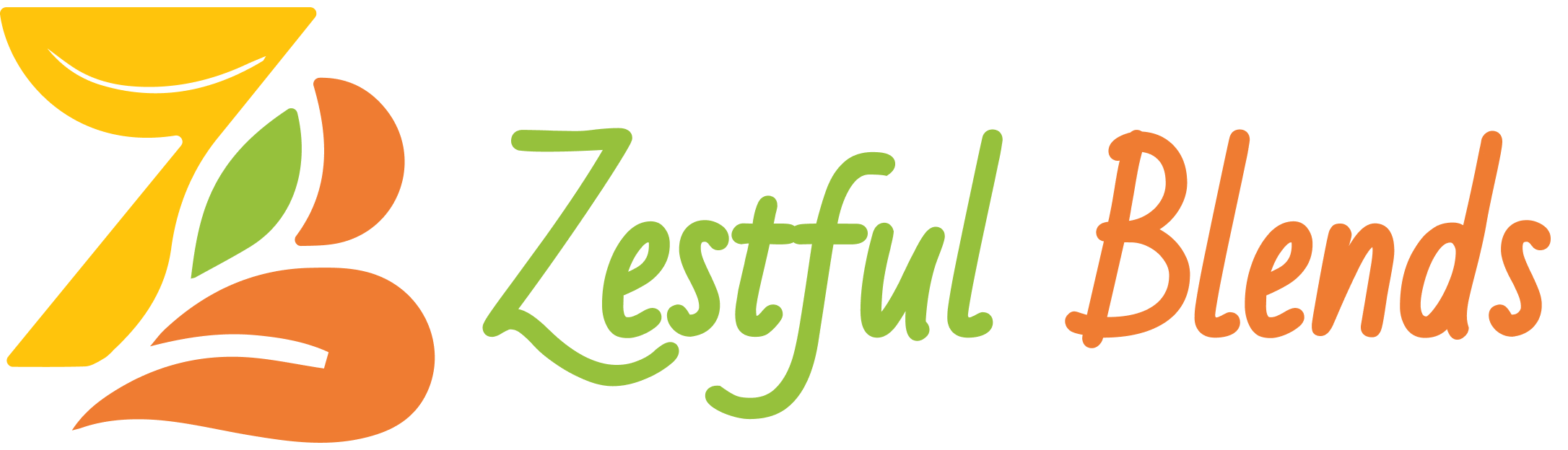 Logo of Zestful Blends. This dynamic design showcases an abstract, stylized representation of a fruit or leaf in the vibrant and lively hues of orange, green, and yellow. Accompanied by the words "Zestful Blends" in a playful, cursive font, this logo perfectly embodies our promise: bringing you health benefits and unparalleled freshness. Our offerings include fruit salads bursting with goodness, refreshing juices loaded with nutrients, wholesome snacks for any time of day, delicious smoothies brimming with vitality, convenient whole fruit packs for on-the-go nourishment, and indulgent yet nutritious desserts. Ideal for adding a dash of charm and energy to your web design or footer while also emphasizing our commitment to eco-friendly practices.