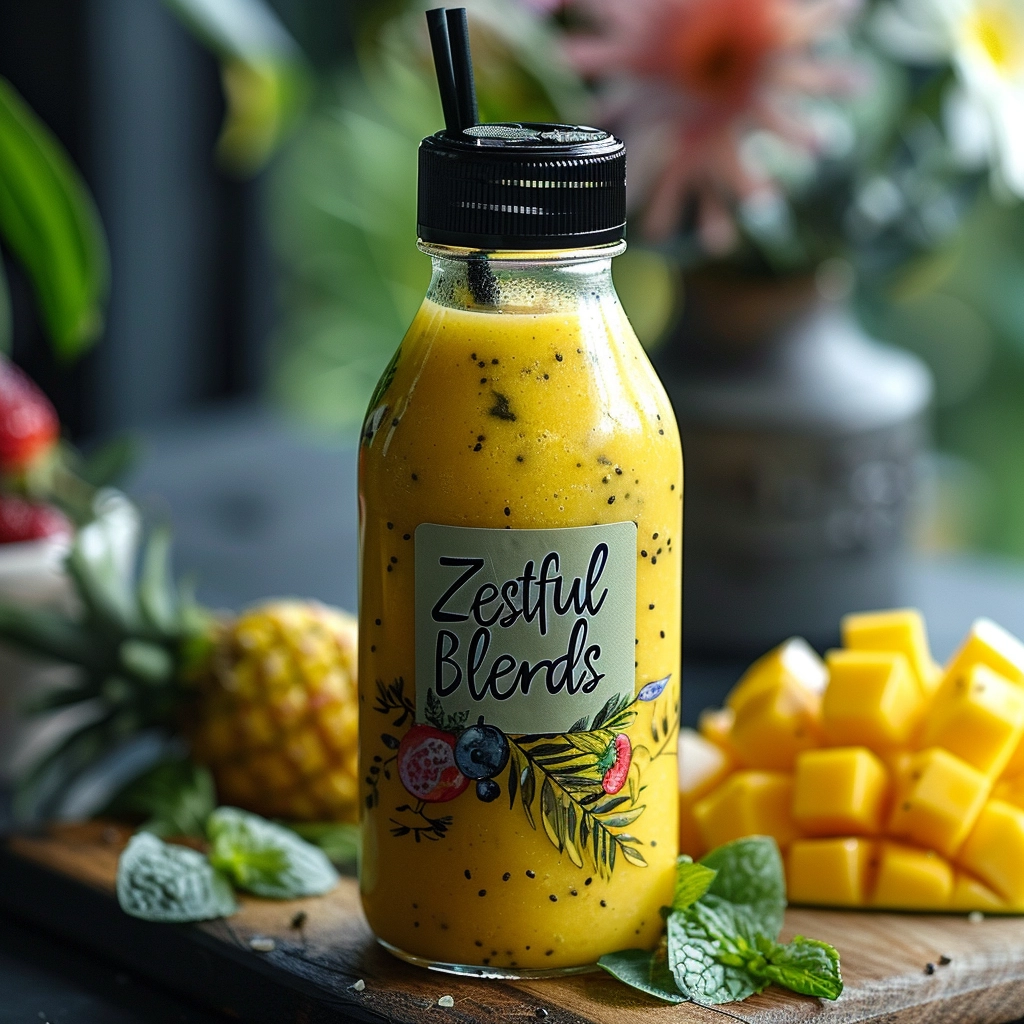 A vibrant yellow smoothie from Zestful Blends, packaged in a sleek clear bottle with a stylish black cap and straw. This delicious creation is surrounded by fresh pineapple, juicy mango chunks, and aromatic mint leaves, all artfully arranged on a rustic wooden surface with a blurred floral backdrop. Our smoothies are bursting with goodness, offering you the ultimate blend of taste and health benefits. Dive into our range of fruit salads, juices, snacks, whole fruit packs, smoothies, and desserts—all crafted to rejuvenate your senses. Experience the freshness and discover our commitment to eco-friendly practices today!