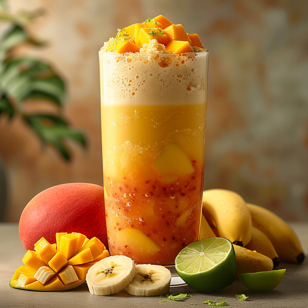 A tall glass overflowing with our layered mango smoothie, crowned with vibrant diced mango and a fresh mint leaf. Encircling the glass are an array of our premium ingredients: lush bananas, a perfectly ripe mango, zesty lime halves, and delightful banana slices. Every element tells a story of Zestful Blends' passion for delivering fresh flavors that are bursting with goodness. Dive into health benefits through our fruit salads, energizing juices, wholesome snacks, invigorating smoothies, whole fruit packs brimming with vitality, and delectable desserts—all eco-consciously crafted to revitalize your senses!