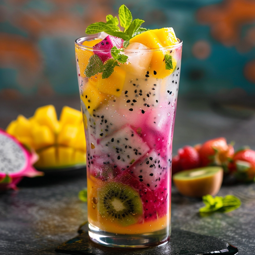 A tall glass filled with a colorful fruit salad, brimming with vibrant cubes of dragon fruit, mango, and kiwi. Garnished with a sprig of mint, this refreshing treat bursts with goodness and delivers a fresh tropical vibe. In the background, slices of mango and strawberries echo Zestful Blends' promise of freshness in our "About Us" section. Emphasizing our commitment to health benefits and eco-friendly practices, every bite offers pure vitality straight from nature's bounty.