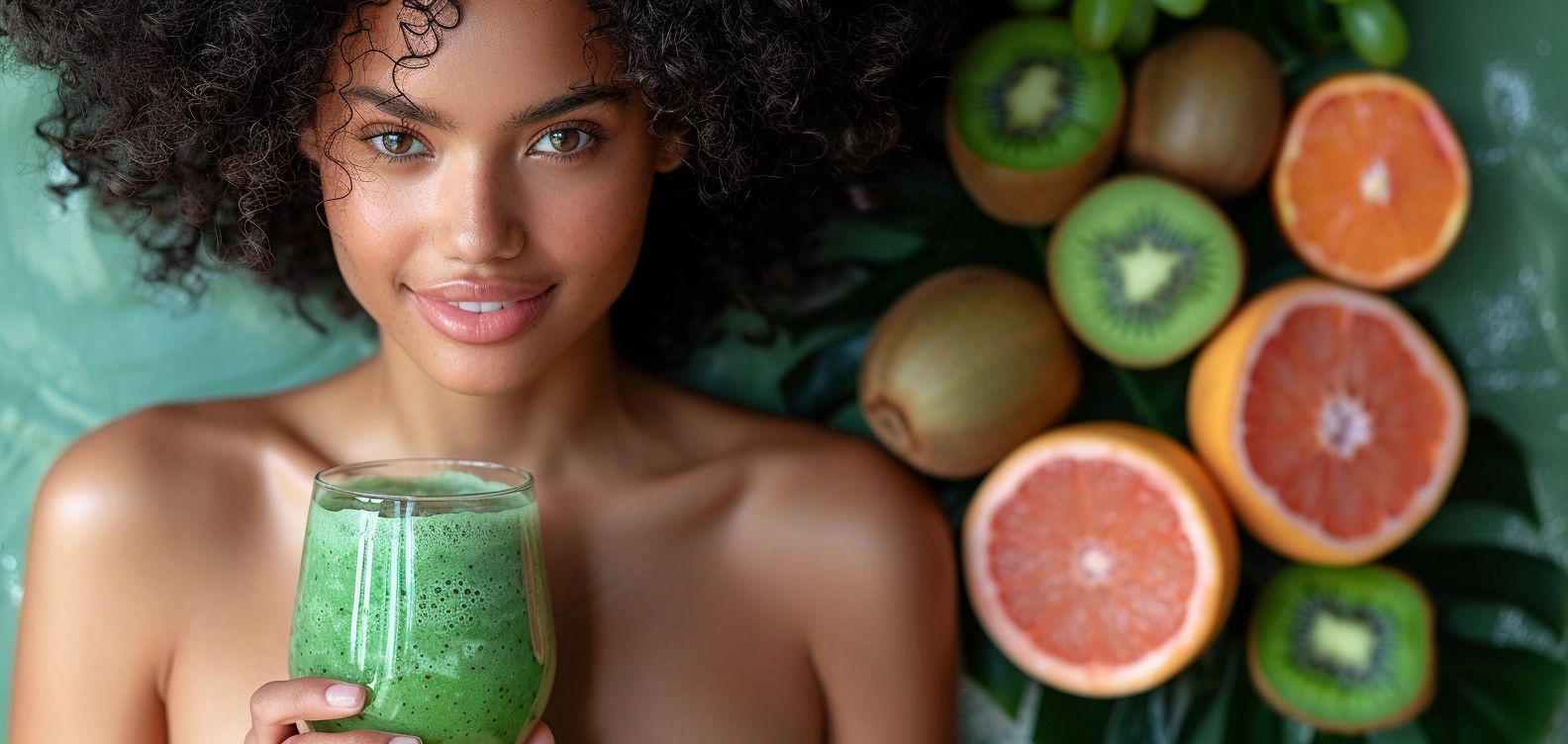 A joyful woman with vibrant curly hair beams while savoring a refreshing green smoothie, brimming with health benefits. Her radiant smile and visible shoulders radiate well-being. Surrounding her are whole and luscious sliced kiwi fruits, alongside a bright orange and a tangy grapefruit, all elegantly displayed on fresh green leaves. The soft green backdrop perfectly complements the scene, symbolizing Zestful Blends' commitment to eco-friendly practices and unparalleled freshness. Each of our products—from fruit salads and juices to wholesome snacks, smoothies, whole fruit packs, and decadent desserts—is truly bursting with goodness!