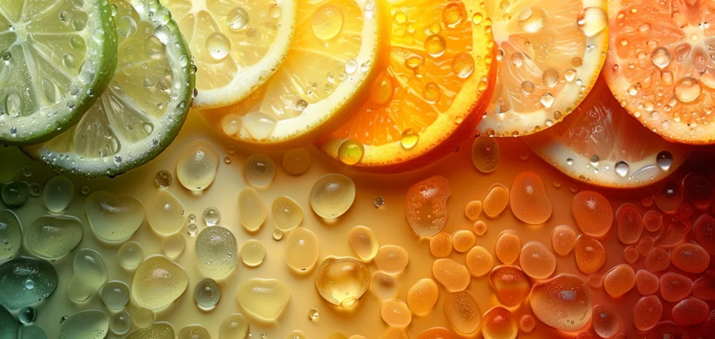 A close-up of an array of citrus slices captures the essence of Zestful Blends' vibrant offerings. Lush green lime, sunny yellow lemon, zesty orange, and ruby-red grapefruit are artfully arranged in a radiant row, each slice bursting with goodness. Gleaming water droplets dance on the fruits and surrounding surface, reflecting light to underscore our commitment to freshness and health. Dive into a world where every bite is packed with nutritional benefits, from fruit salads and smoothies to snacks, juices, whole fruit packs, and delightful desserts. Embrace the zest for life that makes us eco-friendly champions at first glance!