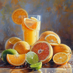 A vibrant glass of Citrus Sunrise, garnished with a fresh orange slice, stands proudly amidst an array of juicy citrus fruits—orange, lime, and grapefruit. Bursting with goodness, the sunrise hues cast a radiant glow over the scene as dewy droplets shimmer on the halved and wedged fruits. The colorful background enhances the freshness and vitality of this delicious ensemble. Packed with vitamins and eco-friendly perfection, Zestful Blends delivers health in every sip!