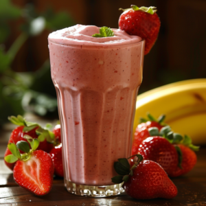 A tall glass brimming with our luscious Strawberry Fields Forever smoothie, garnished with a vibrant strawberry and a fresh sprig of mint. Surrounding the glass are plump strawberries and a ripe banana, nestled on a rustic wooden surface. The dark, blurred background evokes the timeless charm of forever fields. Bursting with goodness, this rejuvenating blend offers not only irresistible taste but also essential nutrients for a revitalizing boost! Savor the freshness in every sip while embracing eco-friendly choices with Zestful Blends’ wholesome range of fruit salads, juices, snacks, smoothies, whole fruit packs, and desserts.