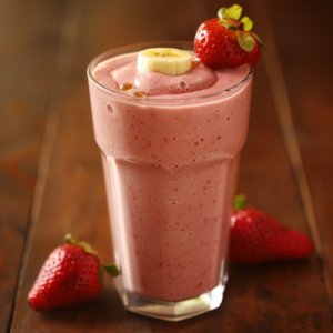 A tall glass brimming with our creamy Strawberry Fields Forever smoothie, crowned with a fresh strawberry and a banana slice on the rim. Beside it, two plump strawberries hint at sunlit fields bursting with goodness. Enjoy this refreshing indulgence that's packed with health benefits and pure, natural flavors.