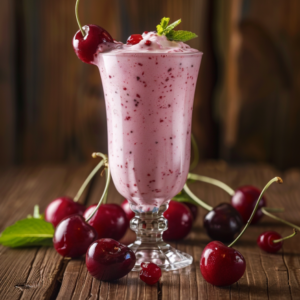 A tall glass brimming with our invigorating Cherry Cheer milkshake, adorned with a freshly-picked cherry and a sprig of mint. Surrounding the glass, vibrant cherries dot a rustic wooden table, set against an elegant dark wooden backdrop. Bursting with goodness and made from the freshest ingredients, this delightful treat is not only packed with flavor but also champions our commitment to health and eco-friendly practices. Dive into refreshment that tastes as good as it feels!