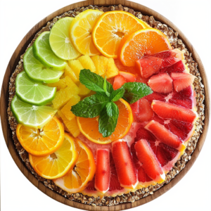 Introducing our Mixed Citrus & Mint Pizza: a vibrant masterpiece bursting with goodness! This round fruit tart features a crunchy, eco-friendly granola crust topped with an array of colorful citrus slices arranged in a dazzling rainbow pattern – zesty lime, sweet pineapple, juicy orange, tangy grapefruit, and succulent strawberries. A sprig of fresh mint graces the center for an invigorating touch. Experience the ultimate blend of health and freshness with this delightful treat from Zestful Blends. Presented elegantly on a wooden plate, it's as visually stunning as it is nutritious!