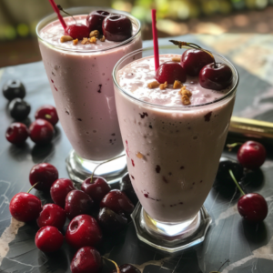 Two tall glasses of Cherry Cheer sit on a table surrounded by succulent, fresh cherries, radiating pure joy and vitality. These luscious light pink smoothies are bursting with goodness, blending pieces of juicy cherries and crunchy nuts to create a delightful texture in every sip. Each glass is elegantly garnished with whole cherries on top, perfect for that insta-worthy moment. Scattered around the base, more vibrant cherries add a touch of natural beauty—just one example of how Zestful Blends ensures freshness in every product. Eco-friendly and health-conscious, our products nourish your body while being kind to our planet. Indulge in wellness with every refreshing taste!