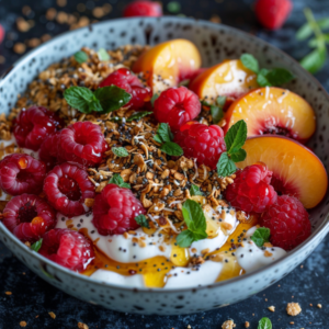 A vibrant bowl bursting with goodness, our Peachy Keen Salad combines creamy yogurt, crunchy granola, and succulent fresh fruits like raspberries and peaches. Garnished with nutrient-packed chia seeds and refreshing mint leaves, it’s a refreshing delight that embodies health and freshness with every bite. Presented against a dark backdrop with scattered raspberries and granola pieces enhancing its charm, this colorful dish from Zestful Blends is your ticket to nourishing indulgence in an eco-friendly way.