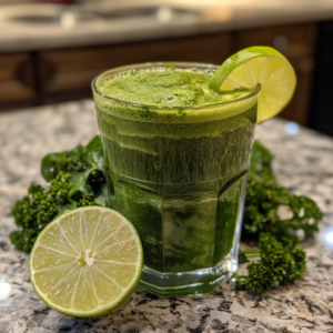 A vibrant glass of Citrus Sunrise, garnished with a zesty lime wedge and a touch of fresh citrus, sits elegantly on a sleek granite countertop. Surrounding the glass are crisp kale leaves and freshly cut lime slices, bursting with goodness and ready to invigorate your day. The soft glow of sunrise gently illuminates a blurred kitchen backdrop, embodying Zestful Blends' commitment to freshness and vitality. Savor the health benefits packed into every sip of our eco-friendly creations—fruit salads, nutritious juices, wholesome snacks, revitalizing smoothies, whole fruit packs bursting with flavor, and delectable desserts made for wellness.