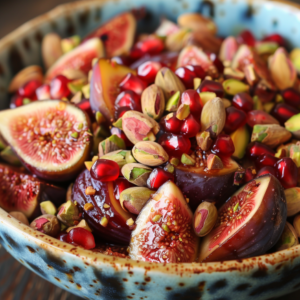 A close-up of a vibrant ceramic bowl overflowing with our Pomegranate & Fig Fiesta—a colorful salad bursting with goodness! Freshly sliced figs take center stage, surrounded by the radiant reds of juicy pomegranate seeds and the lush greens of crunchy pistachios. Not only does it look irresistible, but every bite promises a refreshing and nutrient-packed experience. Perfectly embodying Zestful Blends’ commitment to health, freshness, and eco-friendly choices.