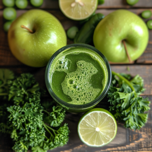 A glass of Citrus Sunrise graces a wooden table, surrounded by an array of fresh ingredients – crisp green apples, invigorating leafy parsley, and zesty sliced limes. This vibrant, frothy juice embodies the essence of a healthy sunrise beverage bursting with goodness. Our Citrus Sunrise is crafted to boost your vitality with every sip and captures the zestful spirit of our commitment to fresh and eco-friendly produce.