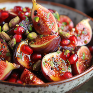 A close-up of our vibrant, health-packed Pomegranate & Fig Fiesta salad. Bursting with goodness, this culinary masterpiece features halved figs, jewel-like pomegranate seeds, and a sprinkling of crunchy pistachios. Fresh herbs and a tantalizing drizzle of balsamic glaze elevate the flavors to perfection. Presented in an eco-friendly speckled ceramic bowl, the rich and appetizing colors promise freshness in every bite. Enjoy the full spectrum of nutrients with this beautiful blend from Zestful Blends!