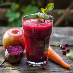 Experience the burst of goodness with our Citrus Sunrise! This vibrant glass of juice, crowned with a fresh mint leaf, sits on a rustic wooden table, surrounded by the purest ingredients – crisp apple, crunchy carrot, and juicy sliced beet. The scene is further brightened by luscious red berries and verdant green leaves that scream freshness. At Zestful Blends, our fruit salads, juices, snacks, smoothies, whole fruit packs, and desserts are all designed for your health and bursting with flavor. Plus, we’re committed to eco-friendly practices to keep both you and the planet feeling refreshed!