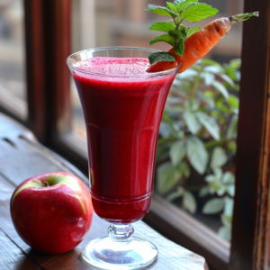 Indulge in the vibrant freshness of our Citrus Sunrise, a tall glass bursting with the zesty goodness of citrus and enriched with a hint of carrot. Garnished with crisp mint leaves, this refreshing beverage epitomizes health and vitality. Nestled beside it is a shiny red apple, symbolizing wholesome nourishment. The blurred greenery backdrop evokes the serene beauty of a sunrise, reminding you that every sip supports eco-friendly choices and pure well-being. Perfect for starting your day on a healthy and invigorating note!