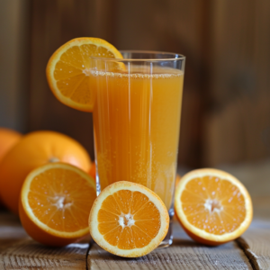 A clear glass of our invigorating Citrus Sunrise sits proudly on a wooden surface, surrounded by whole and halved oranges. This slightly fizzy juice is bursting with goodness, showcasing visible bubbles that dance near the top. Bathed in warm light, its vibrant citrus hue beautifully captures the essence of a sunrise. At Zestful Blends, we're passionate about freshness and health benefits, providing you with revitalizing fruit salads, juices, snacks, smoothies, whole fruit packs, and desserts—all crafted to nourish your body and delight your senses. Plus, we embrace eco-friendly practices to keep our planet as fresh as our ingredients!