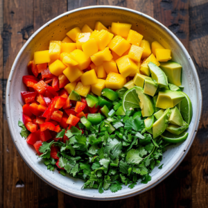 A ceramic bowl brimming with vibrant, freshly chopped ingredients sits on a wooden table, bursting with goodness. Our Mango & Avocado Salsa is a delightful fusion of diced mangoes, crisp red and green bell peppers, creamy avocado slices, tangy lime wedges, and a generous helping of fresh cilantro—perfect for concocting a zesty salsa that's as nutritious as it is delicious. At Zestful Blends, we pride ourselves on delivering health-packed fruit salads, energizing juices, wholesome snacks, invigorating smoothies, whole fruit packs bursting with flavor, and delectable desserts. Plus, our commitment to eco-friendly practices ensures you can enjoy freshness while caring for the planet.