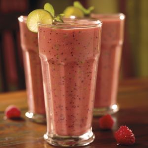 Three tall glasses of our Avocado Green Dream take center stage on a rustic wooden table, garnished with zesty lime slices and vibrant mint leaves. Scattered around are plump fresh raspberries and radiant green avocado cubes, adding bursts of natural beauty and goodness to this delightful scene. Each glass brims with the invigorating flavor and health benefits that define Zestful Blends. Our Avocado Green Dream is a perfect fusion of freshness and nourishment, making it an irresistible choice for those seeking both taste and vitality. Elevate your day with this eco-friendly, nutrient-packed indulgence that's simply bursting with goodness!