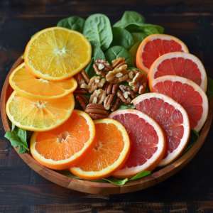 A radiant wooden bowl brimming with our Citrus & Spinach Salad, bursting with goodness! Featuring fresh spinach leaves paired with zesty orange and grapefruit slices, and a sprinkle of wholesome mixed nuts. The vibrant colors of citrus fruits against the lush green spinach deliver an enticing visual treat. Experience the perfect blend of freshness and nutrition in every bite, expertly crafted by Zestful Blends. Our commitment to health extends to eco-friendly practices, ensuring every salad not only tastes good but feels good too!