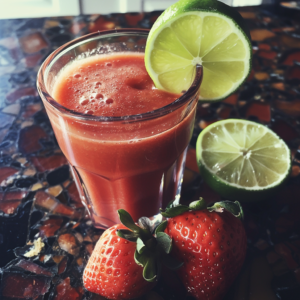 A vibrant glass of our Citrus Sunrise, bursting with goodness and topped with a zesty lime slice, sits on an eye-catching mosaic table. Fresh strawberries and a halved lime accentuate its natural allure. This refreshing beverage is packed with health benefits, embodying the essence of Zestful Blends' commitment to freshness, vitality, and eco-friendly choices—perfect for kick-starting your day!