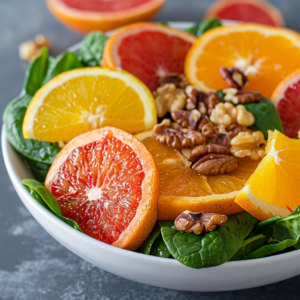 A Citrus & Spinach Salad in a pristine white bowl, bursting with goodness! Experience the vibrant greens mingling with zesty slices of orange, grapefruit, and blood orange. Scattered walnuts add a satisfyingly crunchy texture, making this dish visually appealing and nutritionally rich. Freshness you can taste in every bite—this salad is a true testament to Zestful Blends' commitment to health and eco-friendly choices. Enjoy the invigorating fusion of flavors and powerful health benefits in this delightful creation!