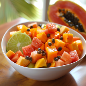 Dive into a Tropical Papaya Bowl bursting with goodness! Our white bowl brims with meticulously diced papaya, watermelon, and cantaloupe, all crowned by a sprinkle of papaya seeds and a zesty slice of lime. A halved papaya peeks from the background, set against lush green foliage that evokes the freshness of nature. At Zestful Blends, we're committed to delivering vibrant health benefits in every bite while championing eco-friendly practices. Enjoy our refreshing fruit salads, invigorating juices, wholesome snacks, nutrient-packed smoothies, convenient whole fruit packs, and delectable desserts—all crafted to uplift your day!