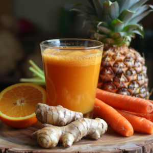 A glass of our invigorating Citrus Sunrise graces a wooden surface, surrounded by nature's finest: a whole pineapple, zesty ginger roots, crisp carrot sticks, and a juicy halved orange. Bursting with goodness and vibrant colors, this delightful drink embodies freshness and vitality. At Zestful Blends, we're committed to bringing you health-boosting bliss with every sip. Embrace the eco-friendly choices that make your wellness journey as refreshing as this radiant citrus sunrise!