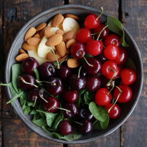 A vibrant bowl brimming with fresh, wholesome ingredients from Zestful Blends. On the left, dark red cherries lie on a crisp bed of spinach leaves, bursting with goodness. In the center, light brown almonds introduce a delightful crunch alongside creamy white cheese slices. On the right, more bright red cherries enhance this colorful and healthy mix of Cherry & Almond Crunch. Each ingredient is carefully selected for its health benefits and freshness, encapsulating our commitment to deliciously nutritious eating. Enjoy this eco-friendly option as part of your journey towards a zestful life!