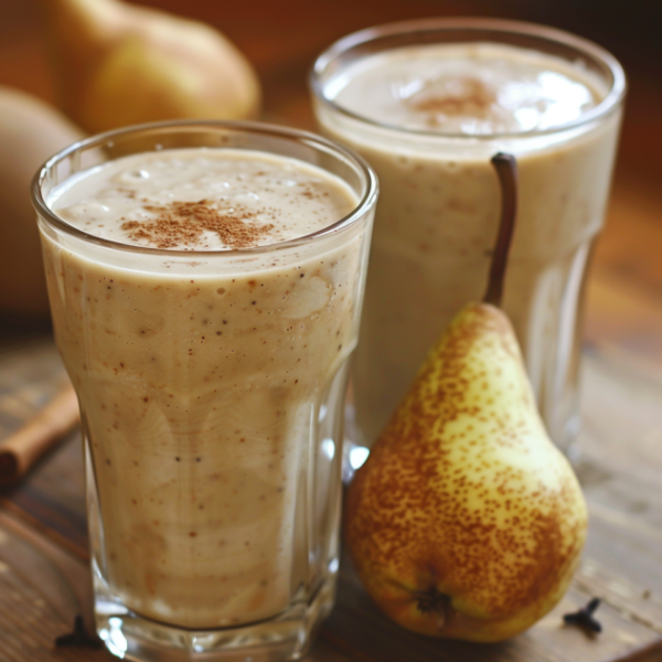 Two glasses of our creamy Avocado Green Dream smoothie, bursting with goodness, rest invitingly on a rustic wooden surface. Each glass is crowned with a delicate sprinkle of cinnamon. A perfectly ripe pear sits proudly in the foreground, while an avocado adds its vibrant green dreaminess to the scene. Additional pears blur in the background, enhancing the nutritious and refreshing autumnal ambiance. This smoothie is part of our eco-friendly and health-focused range at Zestful Blends—where freshness meets vitality in every sip!