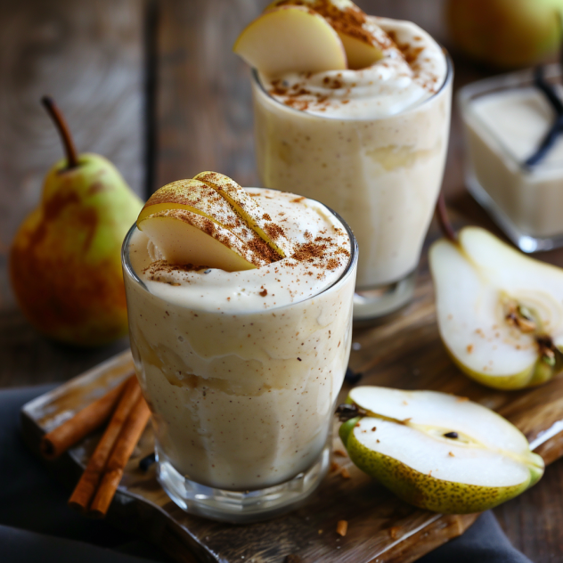 Savor the freshness with Zestful Blends! Pictured are two glasses of our creamy Pear Paradise Smoothies, garnished with luscious pear slices and a sprinkle of aromatic cinnamon. Bursting with goodness, these smoothies are perfectly accompanied by fresh pears and fragrant cinnamon sticks. A taste of the Avocado Green Dream peeks through in a sliced pear next to the drinks, showcasing our commitment to health and vibrancy in every sip. Our eco-friendly approach ensures each ingredient is as kind to the planet as it is deliciously nutritious for you. Dive into a world where freshness meets flavor!