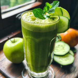 A tall glass brimming with our **Citrus Sunrise** green smoothie, frothy and garnished with fresh mint leaves and crisp cucumber slices. Bursting with goodness, this vibrant blend sits on a polished wooden surface beside a juicy green apple, crunchy cucumber slices, and a zesty orange. Bathed in natural sunlight streaming through the window, this scene showcases the refreshing vitality of Zestful Blends. Each product is crafted to invigorate your senses while promoting optimal health. Plus, we pride ourselves on eco-friendly practices because feeling good should also mean doing good for the planet!