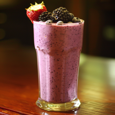 A tall glass of Zestful Blends’ Avocado Green Dream, bursting with goodness and garnished with juicy strawberries, blackberries, and blueberries. Set against a softly blurred background that accentuates the vibrant colors and fresh textures of this nutrient-packed smoothie. Experience pure health and freshness in every sip. Enjoy our eco-friendly commitment to delivering delicious, wholesome fruit salads, juices, snacks, smoothies, whole fruit packs, and desserts!