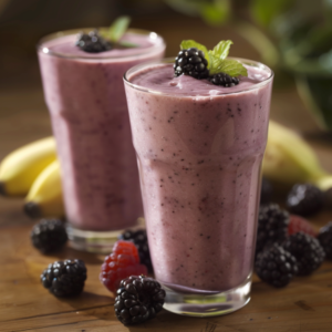 Two vibrant glasses of Avocado Green Dream, garnished with fresh blackberries and mint leaves, surrounded by a medley of blackberries and raspberries on a rustic wooden table. In the background, the natural allure of bananas and lush greenery enhance this wholesome vista. Every sip is bursting with goodness! Perfect for green smoothie enthusiasts seeking a refreshing blend that’s rich in nutrients and eco-friendly. Dive into this dream setting where freshness meets vitality – your body will thank you!