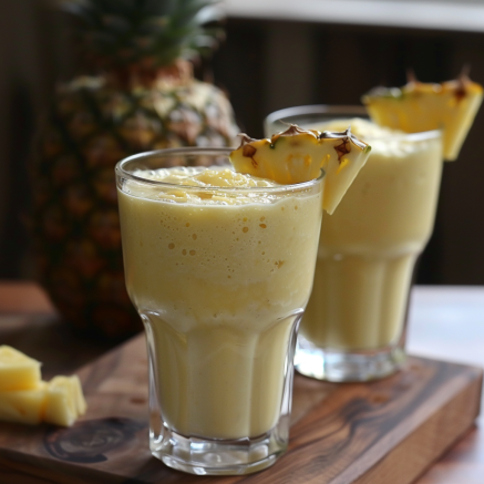 Two glasses of our creamy Avocado Green Dream smoothies, bursting with goodness and garnished with fresh pineapple wedges, command attention on a rustic wooden board. A whole pineapple and juicy chunks in the background add an irresistible tropical touch, while a luscious avocado peeks into the scene to enhance this vibrant display. Experience the perfect blend of health benefits and freshness with every sip. Our eco-friendly approach ensures that you nourish your body while caring for the planet. Indulge in Zestful Blends – where every product is crafted to energize your day!