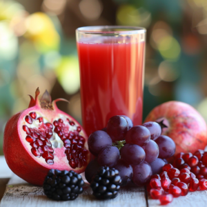 A glass of our vibrant Citrus Sunrise juice, bursting with goodness, takes center stage, encircled by an array of fresh fruits. A luscious halved pomegranate reveals its nutrient-packed seeds, accompanied by a bunch of juicy dark purple grapes, succulent blackberries, and scattered pomegranate gems. This delightful scene is set against a softly blurred outdoor backdrop, highlighting the freshness that Zestful Blends infuses into every product. Enjoy the perfect harmony of health benefits and eco-friendly choices with our refreshing fruit salads, invigorating juices, wholesome snacks, creamy smoothies, whole fruit packs bursting with flavor and nutritious desserts—a treat for your body and soul!