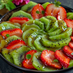 Behold our Kiwi & Strawberry Spiral, bursting with goodness! This vibrant dish features expertly arranged spirals of lush green kiwi and succulent red strawberries, all glistening with a natural, light glaze. Topped with fresh green leaves for an extra touch of color and freshness, this plate isn’t just visually stunning—it’s also packed with health benefits. At Zestful Blends, we pride ourselves on delivering the freshest fruit salads that are as nourishing as they are delicious. Plus, our commitment to eco-friendly practices ensures that you can indulge in these delightful treats while being kind to the planet. Enjoy a symphony of flavors and wellness in every bite!