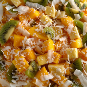 Experience Zestful Blends' Tropical Delight, bursting with goodness! This vibrant medley features succulent chunks of mango, kiwi, and pineapple, topped with a sprinkle of shredded coconut. Our close-up view showcases the fresh and juicy textures of these green, yellow, and orange tropical fruits. A feast for your senses and a boost for your health—embrace the vitality in each bite! At Zestful Blends, we prioritize eco-friendly practices to deliver nature’s best directly to you. Enjoy freshness redefined in every serving.