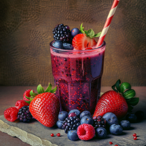 A burst of morning goodness in a glass! Our Citrus Sunrise smoothie is brimming with fresh, tangy citrus flavors, adorned with juicy berries and a charming red-striped straw. Encircled by an assortment of vibrant strawberries, blueberries, blackberries, and raspberries on a rustic wooden surface, this delightful scene captures the essence of freshness and vitality. Packed with health benefits and eco-friendly gusto, Zestful Blends brings you the ultimate in nutritious fruit salads, invigorating juices, wholesome snacks, refreshing smoothies, convenient whole fruit packs, and delectable desserts. Embrace each day with our deliciously fresh offerings!