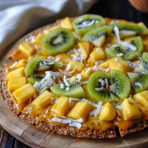 A tantalizing close-up of our Tropical Harmony Pizza, bursting with goodness! This vibrant masterpiece is topped with fresh, juicy kiwi slices, succulent pineapple chunks, and delicate shreds of coconut on a crispy base. Served on an eco-friendly wooden board, this pizza showcases the pure vibrancy and health-boosting benefits Zestful Blends is renowned for. Enjoy the perfect harmony of flavors that not only delight your taste buds but also nourish your body with every bite. Dive into the freshness and let these bright green and yellow fruits energize your day!