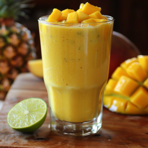 A tall glass brimming with our Mango Tango smoothie, adorned with fresh mango chunks, dances vibrantly on your taste buds. Bursting with goodness, this refreshing delight sits beside a perfectly sliced mango and zesty half-cut lime, all arrayed on a rustic wooden surface. A hint of pineapple in the background nods to the wholesome and eco-friendly journey of our ingredients. At Zestful Blends, savor healthiness and freshness in every sip!