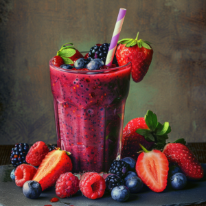 A vibrant, eco-friendly glass of Citrus Sunrise smoothie, garnished with a whole strawberry and a fun purple striped straw. This radiant blend mirrors the beauty of a sunrise and is positively bursting with goodness. Surrounding the glass are fresh strawberries, blueberries, blackberries, and raspberries – all rich in nutrients and packed with freshness. This healthy delight not only captures the essence of pure indulgence but also embodies Zestful Blends' commitment to vitality and sustainability against an elegant dark textured backdrop.