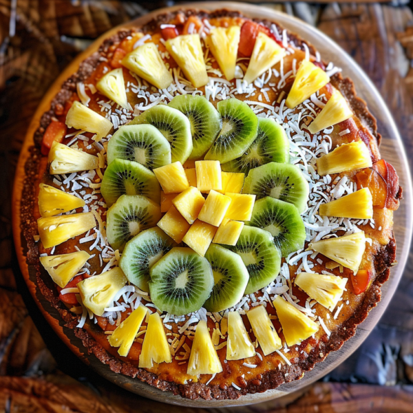 Introducing our Tropical Harmony Pizza, bursting with goodness and vibrant flavor! This tantalizing dessert features an artful arrangement of fresh kiwi slices, juicy pineapple chunks, and a sprinkle of shredded coconut atop a perfectly baked crust. Every bite is a refreshing symphony of tropical bliss that's as pleasing to the eye as it is to the palate. Crafted with the freshest ingredients to fuel your day with natural energy and vitality. Indulge guilt-free in this eco-friendly delight that's not just good for you but great for the planet too!