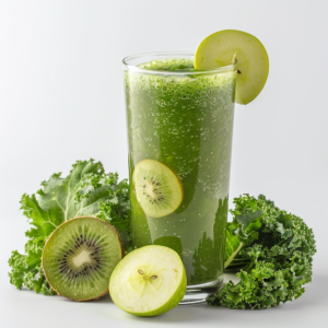 A tall glass brimming with our Citrus Sunrise juice radiates vibrant energy, garnished with a sleek green apple slice on the rim and accompanied by a fresh kiwi slice nestled inside. Surrounding this refreshing elixir are lush green kale leaves, a juicy halved kiwi, and a crisp halved green apple – all epitomizing Zestful Blends' commitment to bursting with goodness. The plain white background accentuates the invigorating splash of citrus tones, evoking the pure essence of sunrise. Enjoy our health-packed creations that are not only delightful but also eco-friendly!