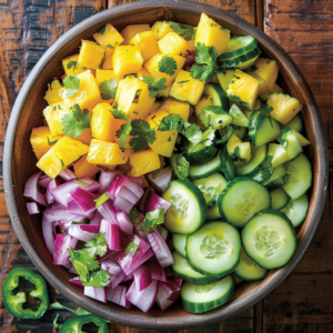 A vibrant bowl bursting with goodness, featuring chopped yellow mangoes, crisp sliced cucumbers, diced red onions, and zesty chopped jalapeños. Fresh cilantro is sprinkled on top for an extra touch of flavor. Next to it, our Cherry & Almond Crunch awaits on a rustic wooden surface, ready to offer a refreshing crunch with every bite. Experience the health benefits and unparalleled freshness of Zestful Blends—your go-to for fruit salads, juices, snacks, smoothies packs and wholesome desserts prepared with eco-friendly practices in mind.