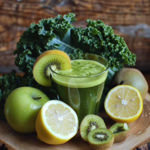 A refreshing glass of Citrus Sunrise sits amid a vibrant array of fresh ingredients: juicy, sliced and whole kiwis, a zesty halved lemon, a crisp green apple, and nutrient-packed kale leaves. Set against a warm wooden backdrop that echoes the energy of sunrise, this scene perfectly captures the essence of Zestful Blends. Every sip is bursting with goodness—pure, natural flavors designed to invigorate your day. Our eco-friendly approach ensures you enjoy health benefits straight from nature's bounty to your table. Dive into the vitality and freshness that define our fruit salads, juices, snacks, smoothies, whole fruit packs, and desserts!