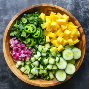 A wooden bowl overflowing with fresh, colorful ingredients: juicy pineapple chunks, crisp cucumber slices, vibrant cubed cucumbers, finely diced red onions, zesty sliced jalapeños, aromatic cilantro, and a generous sprinkle of our delightful Cherry & Almond Crunch. Bursting with goodness and eco-friendly flair on a sophisticated dark textured backdrop. Indulge in the vibrant flavors and premium health benefits that only Zestful Blends can offer!