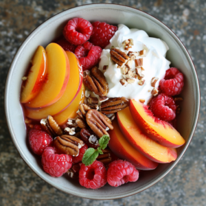 Indulge in our Raspberry & Peach Perfection bowl, bursting with goodness and vibrant colors! Fresh raspberries and juicy peaches pair flawlessly with crunchy pecans, crowned by a dollop of creamy whipped topping and a hint of mint. This delightful medley is not only a feast for your taste buds but also a powerhouse of nutrients, perfect for those who crave both flavor and nourishment. At Zestful Blends, we pride ourselves on delivering freshness in every bite while embracing eco-friendly practices. Dive into this harmonious blend on your plate and experience the zestful difference!