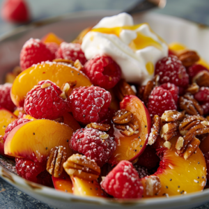 A delightful bowl brimming with fresh raspberries, succulent peach slices, and crunchy pecans, topped with a light dollop of whipped cream and a drizzle of pure honey. Lightly dusted with powdered sugar for an irresistible touch, this vibrant masterpiece exemplifies Raspberry & Peach Perfection. Bursting with goodness, our fruit salads are crafted to nourish your body while tantalizing your taste buds. Enjoy the zestful freshness in every bite—an eco-friendly choice that's as good for you as it is for the planet!