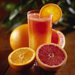 A radiant glass of Citrus Sunrise, bursting with goodness and vibrant red and orange hues like a breathtaking dawn, is exquisitely garnished with a fresh orange slice. Surrounding this refreshing concoction are whole and halved oranges and grapefruits, all nested on a natural wooden surface with lush green leaves as the backdrop. Each sip promises an invigorating blend of vitamins and antioxidants, providing a deliciously healthy start to your day. Celebrating freshness and sustainability, Zestful Blends ensures every ingredient is eco-consciously sourced for your well-being and the planet's prosperity.