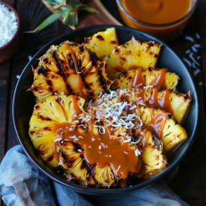 A bowl of Grilled Pineapple & Coconut, bursting with goodness and drizzled with rich caramel sauce, topped with freshly shredded coconut. Presented on a vibrant blue fabric napkin for a touch of elegance, the scene is completed by a blurred backdrop featuring the lush green crown of a fresh pineapple, an inviting bowl of coconut flakes, and a sustainable container of our delectable caramel sauce. Savor the health benefits and freshness in every bite!